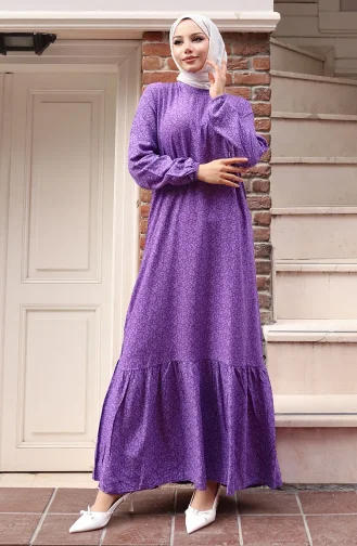 Viskon Kumaş Kolu Lastikli Desenli Elbise 2015-04 Mor