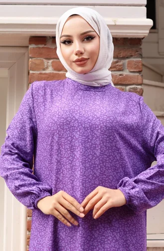 Viskon Kumaş Kolu Lastikli Desenli Elbise 2015-04 Mor