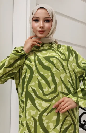 Viskon Kumaş Kolu Lastikli Desenli Elbise 2016-01 Haki