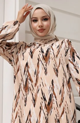 Viskose Stoff Elastische Ärmel Gemustertes Kleid 2017-02 Braun 2017-02
