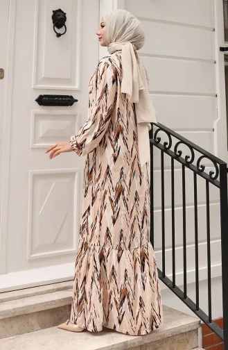 Viskose Stoff Elastische Ärmel Gemustertes Kleid 2017-02 Braun 2017-02