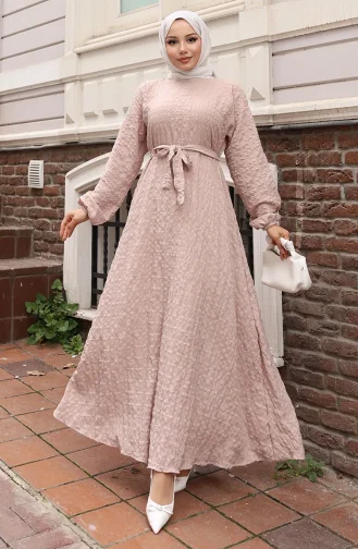 Gofre Kumaş Kolu Lastikli Kuşaklı Elbise 2020-01 Vizon