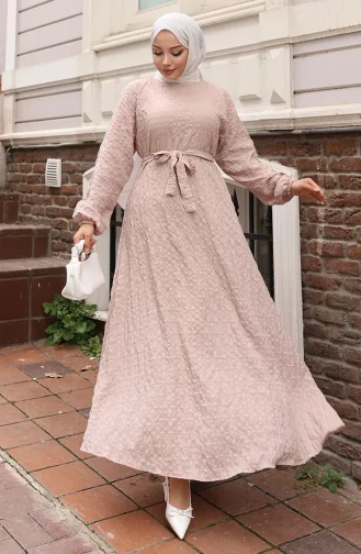Gofre Kumaş Kolu Lastikli Kuşaklı Elbise 2020-01 Vizon