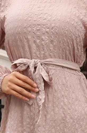 Gofre Kumaş Kolu Lastikli Kuşaklı Elbise 2020-01 Vizon