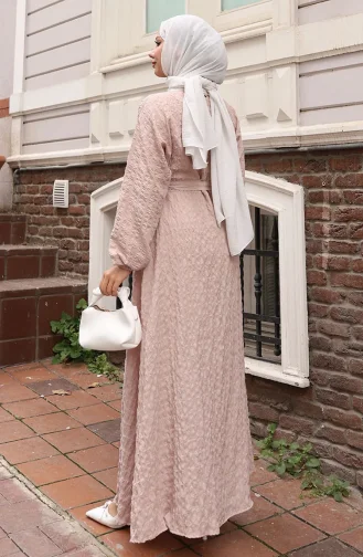 Gofre Kumaş Kolu Lastikli Kuşaklı Elbise 2020-01 Vizon