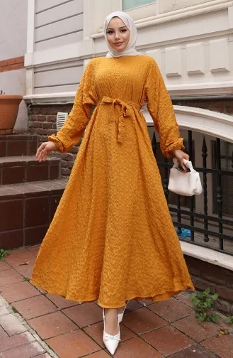 Seersucker Elasticated Sleeve Belted Dress 2020-04 Mustard 2020-04