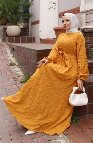 Seersucker Elasticated Sleeve Belted Dress 2020-04 Mustard 2020-04