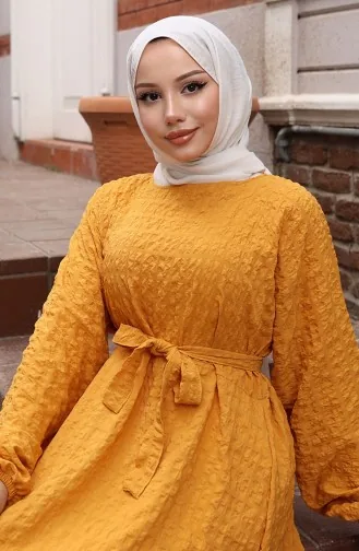Seersucker Elasticated Sleeve Belted Dress 2020-04 Mustard 2020-04