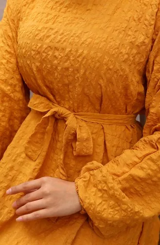 Seersucker Elasticated Sleeve Belted Dress 2020-04 Mustard 2020-04