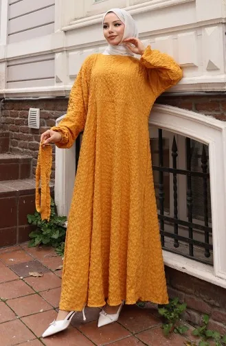 Seersucker Elasticated Sleeve Belted Dress 2020-04 Mustard 2020-04