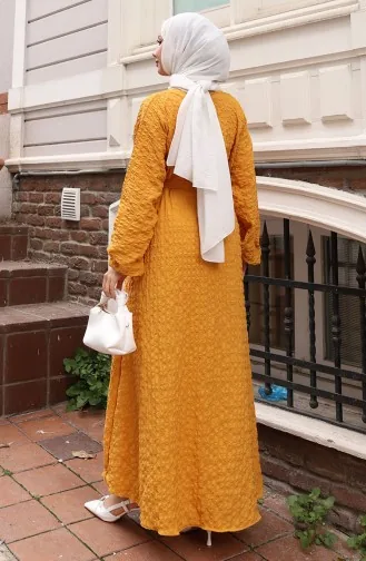 Seersucker Elasticated Sleeve Belted Dress 2020-04 Mustard 2020-04