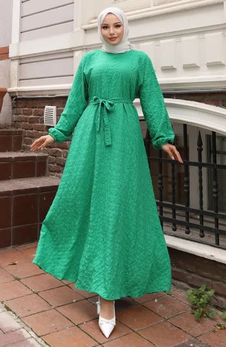 Gofre Kumaş Kolu Lastikli Kuşaklı Elbise 2020-05 Yeşil