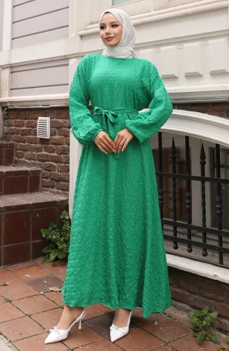 Gofre Kumaş Kolu Lastikli Kuşaklı Elbise 2020-05 Yeşil