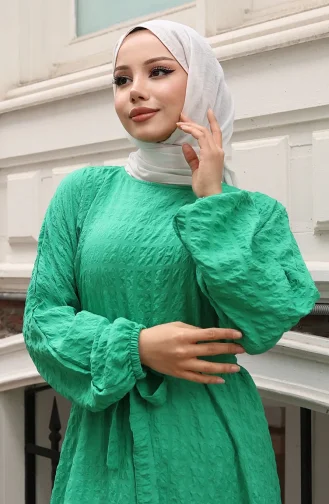Gofre Kumaş Kolu Lastikli Kuşaklı Elbise 2020-05 Yeşil