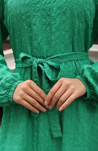 Gofre Kumaş Kolu Lastikli Kuşaklı Elbise 2020-05 Yeşil