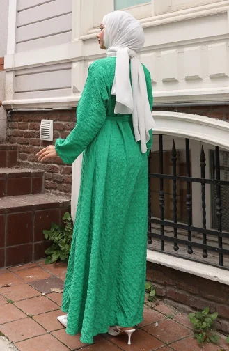 Gofre Kumaş Kolu Lastikli Kuşaklı Elbise 2020-05 Yeşil