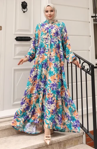 Alaçatı Patroon Geknoopte Jurk 2021-02 Paarsgroen 2021-02