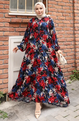 Alaçatı Patroon Geknoopte Jurk 2021-06 Indigo Rood 2021-06