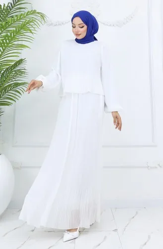 Piliseli Multi Şifon Elbise 2044-02 Ekru