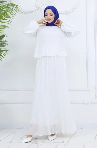 Piliseli Multi Şifon Elbise 2044-02 Ekru