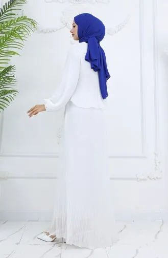 Piliseli Multi Şifon Elbise 2044-02 Ekru