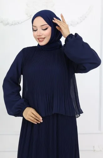 فستان شيفون متعدد الثنيات 2044-03 أزرق داكن 2044-03