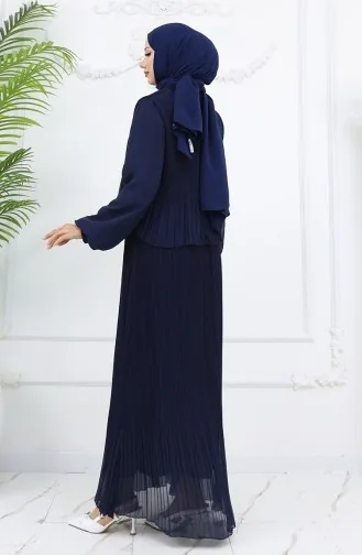 فستان شيفون متعدد الثنيات 2044-03 أزرق داكن 2044-03