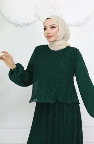 Robe Plissée En Mousseline De Soie Multicolore 2044-05 Vert émeraude 2044-05