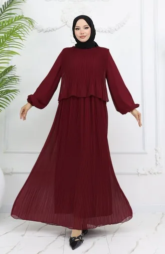 فستان شيفون متعدد الثنيات 2044-06 عنابي 2044-06