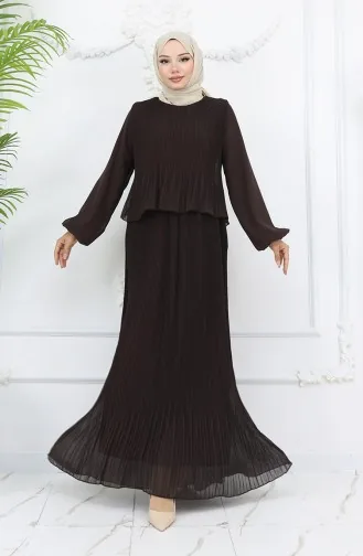 Piliseli Multi Şifon Elbise 2044-08 Kahverengi