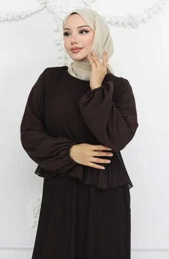 Piliseli Multi Şifon Elbise 2044-08 Kahverengi