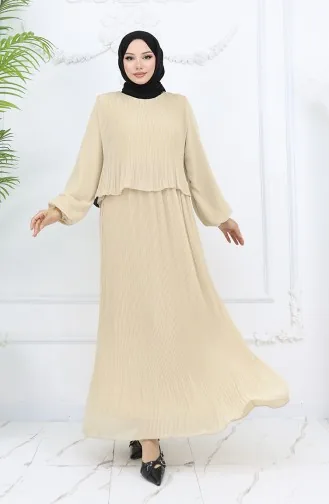 Pleated Multi Chiffon Dress 2044-11 Beige 2044-11