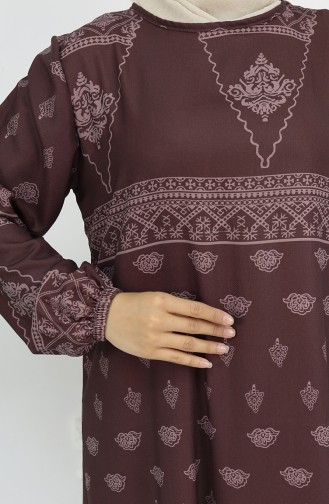 Tuğra Detaylı Desenli Elbise 0039-02 Kahverengi