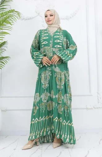 Alaçatı Desenli Yarım Düğmeli Viskon Elbise 0040-01 Yeşil