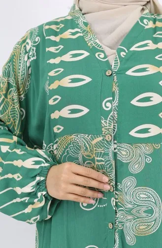 Alaçatı Desenli Yarım Düğmeli Viskon Elbise 0040-01 Yeşil