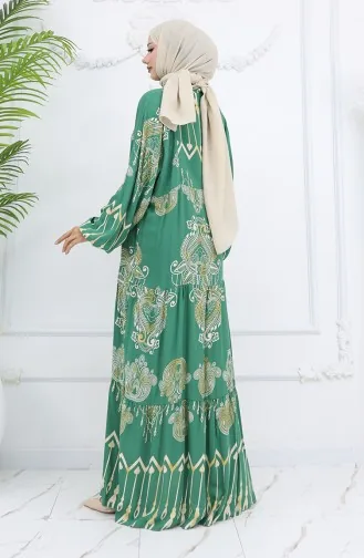 Alaçatı Desenli Yarım Düğmeli Viskon Elbise 0040-01 Yeşil