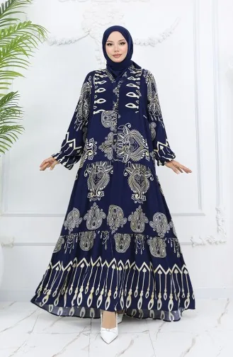 Alaçatı Patterned Half Buttoned Viscose Dress 0040-02 Navy Blue 0040-02