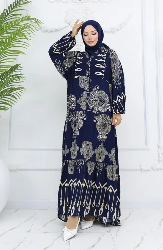 Alaçatı Patterned Half Buttoned Viscose Dress 0040-02 Navy Blue 0040-02