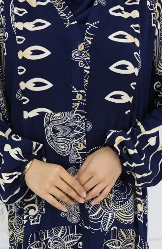 Alaçatı Patterned Half Buttoned Viscose Dress 0040-02 Navy Blue 0040-02