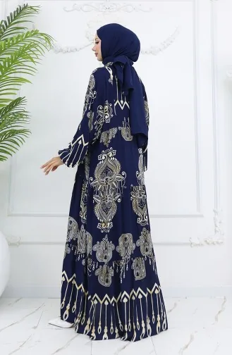 Alaçatı Patterned Half Buttoned Viscose Dress 0040-02 Navy Blue 0040-02