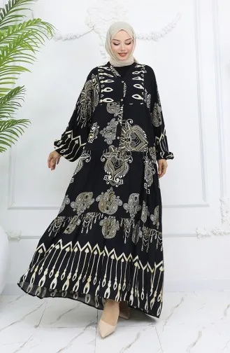 Robe En Viscose à Motifs Et Demi-boutonnée Alaçatı 0040-03 Noir 0040-03