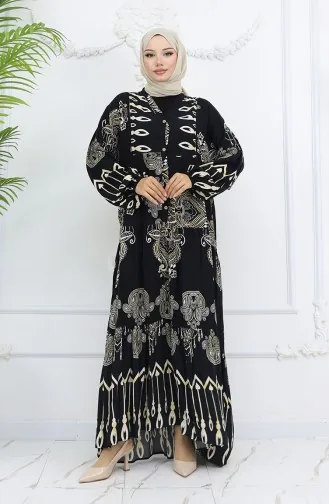 Robe En Viscose à Motifs Et Demi-boutonnée Alaçatı 0040-03 Noir 0040-03