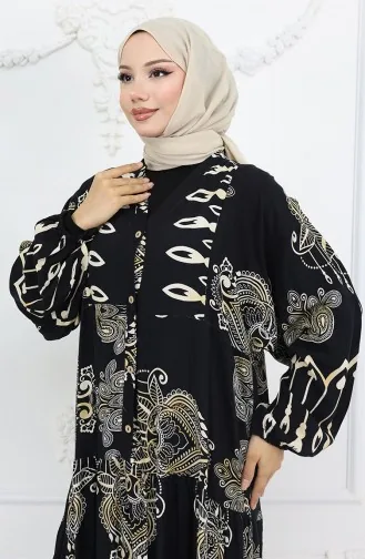 Robe En Viscose à Motifs Et Demi-boutonnée Alaçatı 0040-03 Noir 0040-03