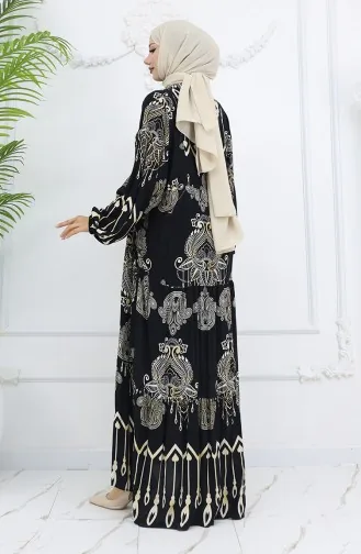 Robe En Viscose à Motifs Et Demi-boutonnée Alaçatı 0040-03 Noir 0040-03