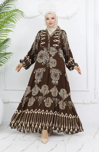 Alaçatı Desenli Yarım Düğmeli Viskon Elbise 0040-04 Kahverengi