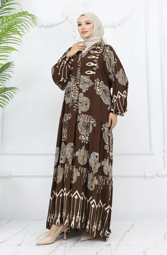 Alaçatı Desenli Yarım Düğmeli Viskon Elbise 0040-04 Kahverengi