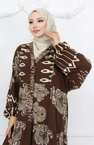 Alaçatı Desenli Yarım Düğmeli Viskon Elbise 0040-04 Kahverengi