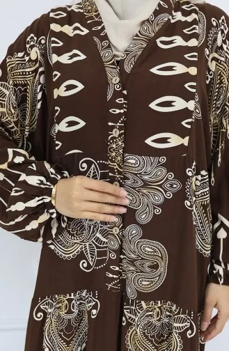 Alaçatı Desenli Yarım Düğmeli Viskon Elbise 0040-04 Kahverengi