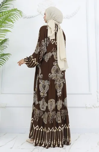 Alaçatı Desenli Yarım Düğmeli Viskon Elbise 0040-04 Kahverengi
