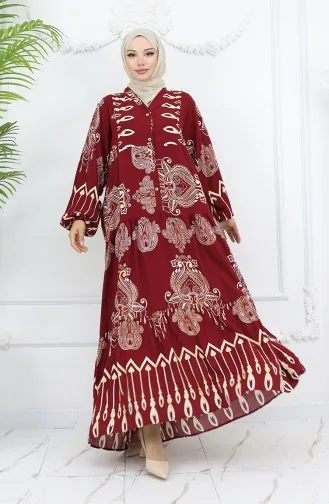 Alaçatı Desenli Yarım Düğmeli Viskon Elbise 0040-05 Bordo